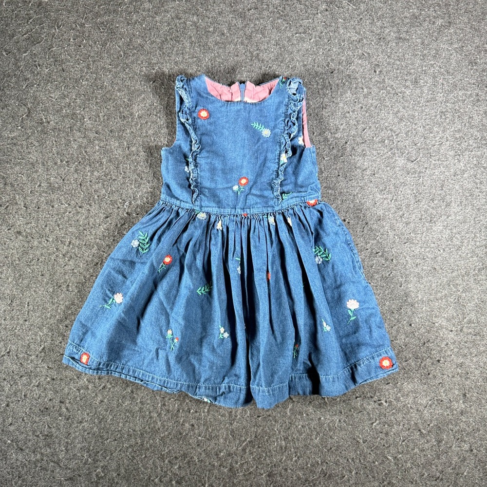 Mini Boden Girls Blue Denim Floral Embroidered Ruffle Dress Size 3-4Y 104cm